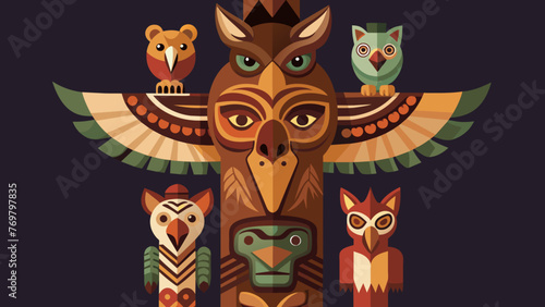 A zoomedin view of a handcarved wooden totem pole with intricate carvings of various animal figures representing the totem animal spirits