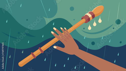  A hand guides a slender wooden drumstick delicately over the surface of a rainstick mimicking the sound of a peaceful drizzle and invoking