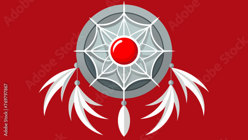  A zoomedin shot of a dreamcatcher reveals a weblike design made of white feathers and beads with a bold red stone in the center.