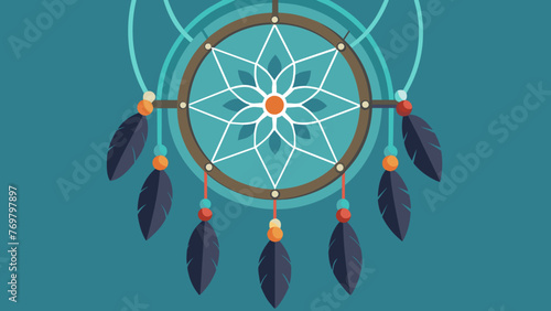  A closeup of a dreamcatchers beads and feathers symbolizes the balance between the spiritual and physical realms inviting healing and protection