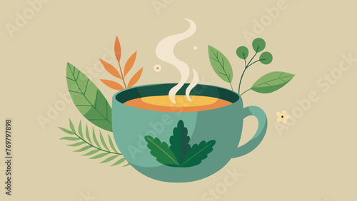  A lone tea cup filled with steaming herbal infusion reflecting the calming and restorative properties of Native American healing plants and