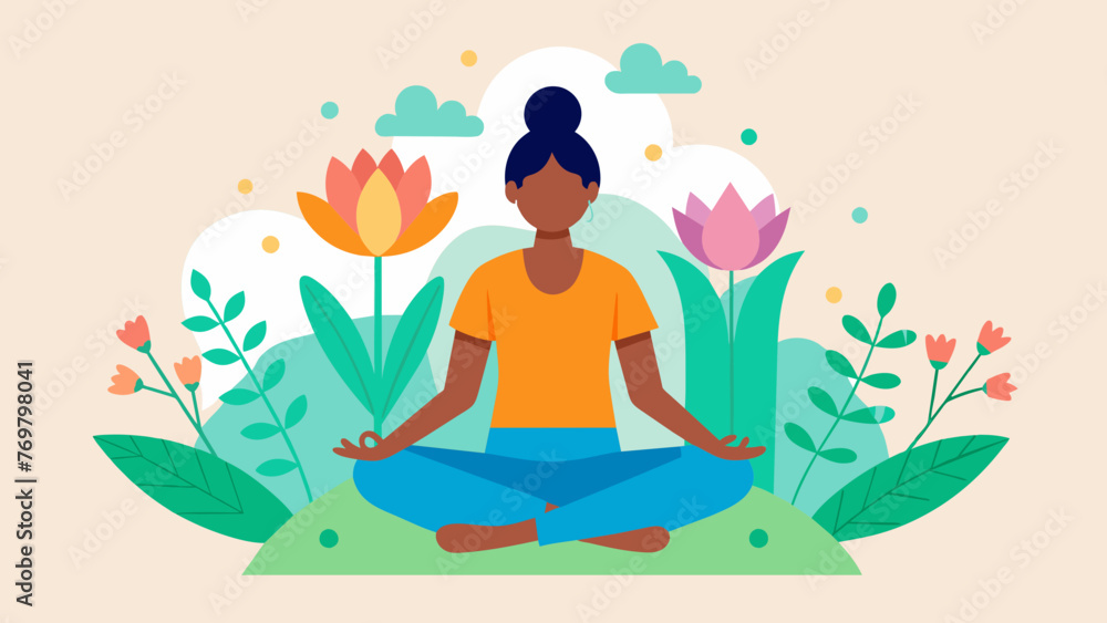  A person sitting in a peaceful garden surrounded by plants and flowers with the text Holistic Wellness through Connecting with Nature