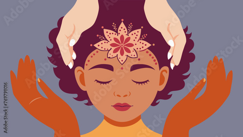  A close up of a persons hands adorned with intricate henna designs as they gently place them on a patients forehead during a Reiki healing