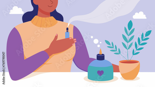  A shot of a persons hand gently massaging an essential oil onto their chest with a diffuser emitting a soothing aroma in the background.