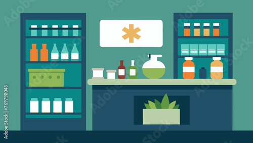 A modern pharmacy counter with shelves of prescription medications and an adjacent traditional herbal shop with jars of herbal supplements