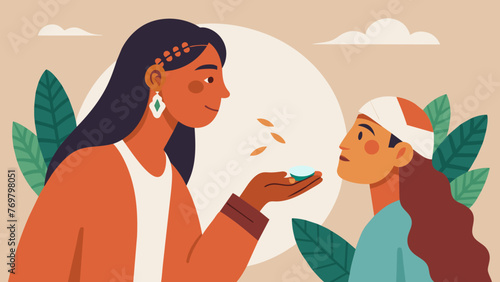  A closeup of a person taking a pill while a traditional healer performs a smudging ritual in the background representing the acceptance and