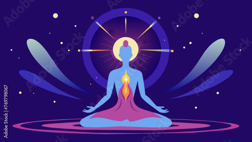  An ethereal depiction of energy flowing from the universe into a persons crown chakra representing the universal life force energy transferred