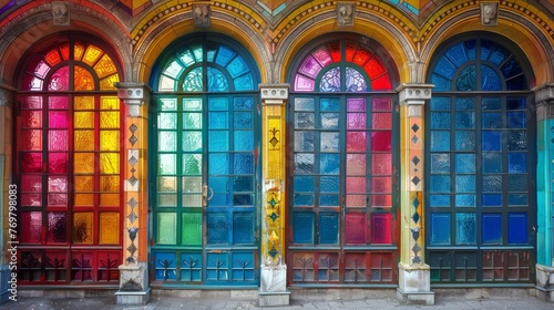 Row of Multicolored Stained Glass Windows