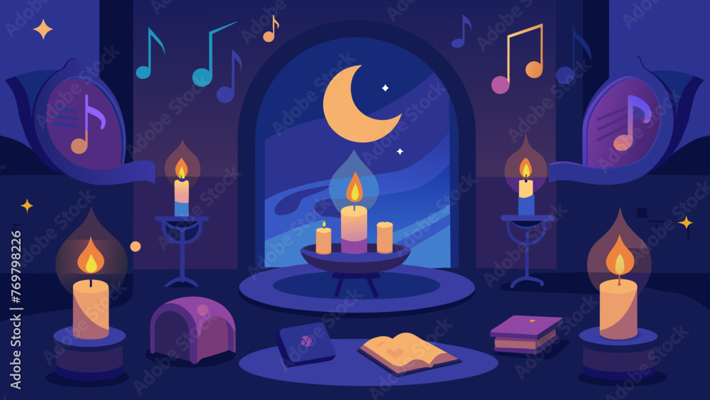 The calming atmosphere of a dimly lit room filled with flickering candles and soft music creating a soothing environment for a touch therapy The calming atmosphere of a dimly lit room filled with flickering candles and soft music creating a soothing environment for a touch therapy