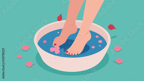  A persons feet soaking in a basin of warm water with rose petals floating on top before receiving a relaxing reflexology massage.