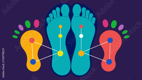  A persons feet positioned on a reflexology map with different colored lines and symbols indicating the pathways that correspond to specific