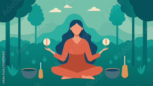  In a serene forest setting a woman practices sound healing with a variety of instruments such as crystal singing bowls drums and chimes. The