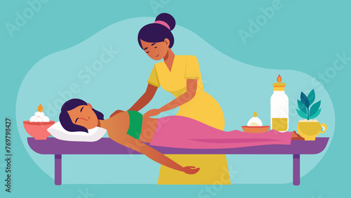  A traditional Ayurvedic massage is being performed on a woman lying on a massage table. The thes skilled hands work on the womans body applying