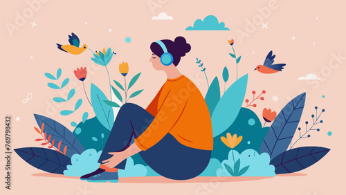  A person sitting in a field of flowers surrounded by the gentle rustling of leaves and chirping of birds as they listen to a theutic