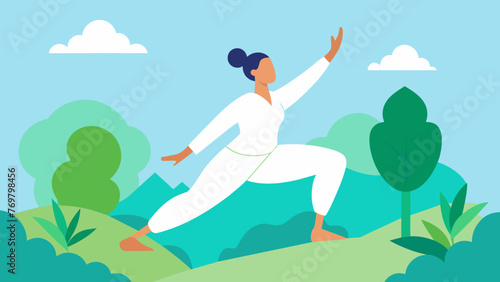  A lone figure stands on one foot with arms outstretched in a serene Tai Chi pose amid lush greenery and a soft blue sky.