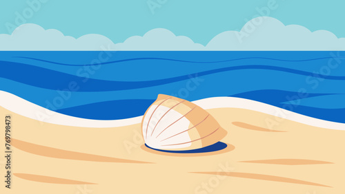  A lone seashell on the sandy beach the distant crashing of waves creating a symphony of relaxation and tranquility.