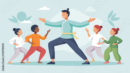  An expert Tai Chi instructor guides their students through gentle precise movements as they all concentrate on maintaining balance.