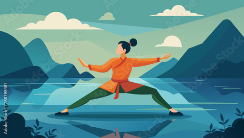  The calm expression on a persons face is reflected in the serene waters of a nearby lake as they perform the slow deliberate movements of Tai