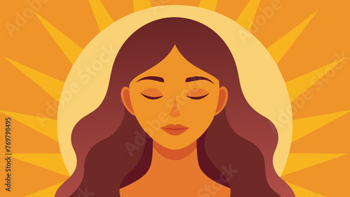  A close up of a womans face eyes closed in meditation with the sunlight casting a warm glow on her skin. Her serene expression conveys a sense