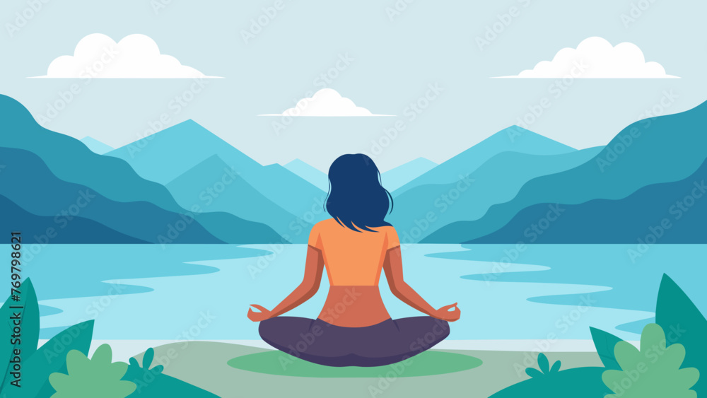 A woman sits at the edge of a serene lake her legs crossed and her palms facing upwards in a mudra of peace. She gazes out at the calm water A woman sits at the edge of a serene lake her legs crossed and her palms facing upwards in a mudra of peace. She gazes out at the calm water
