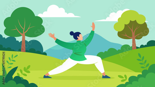  With graceful movements a person practices tai chi in a lush green park. Each motion is intentional with a focus on the breath and the flow of