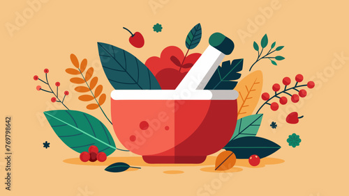  A mortar and pestle b with crushed red berries surrounded by a variety of dried es and ingredients.