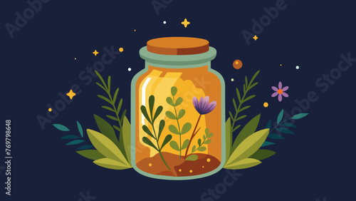  A small glass jar filled with a deep golden liquid infused with a rich blend of earthy herbs and flowers. © Justlight