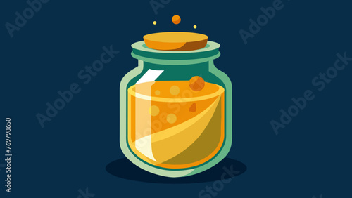  Closeup of a jar filled with a golden elixir a traditional medicine made from natural ingredients and used to promote overall wellbeing.