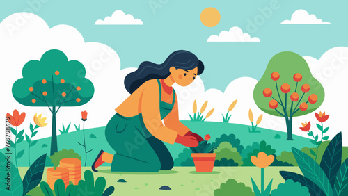  A peaceful garden scene with a woman tending to a row of vibrant plants and flowers carefully harvesting them for medicinal use.