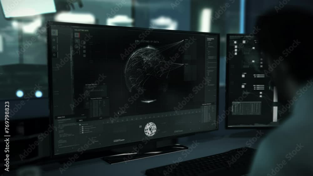 Futuristic scanner interface is shown on the computer screen. Futuristic scanner interface is analyzing the world map. Futuristic scanner interface identifies the location of the terrorists base. UI. Futuristic scanner interface is shown on the computer screen. Futuristic scanner interface is analyzing the world map. Futuristic scanner interface identifies the location of the terrorists base. UI.