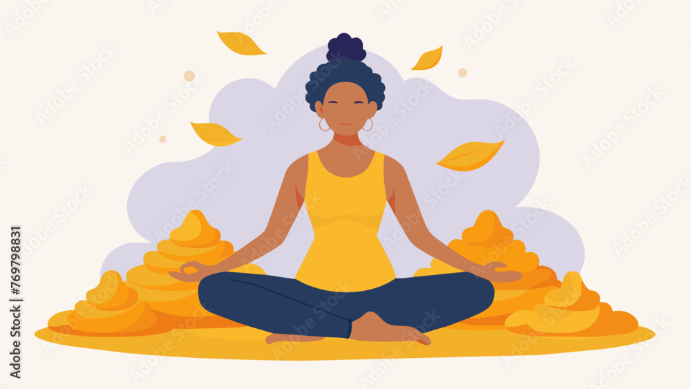 In the fourth image we see a woman practicing a deeply relaxing yoga posture supported by a large pile of vibrant yellow turmeric root. The