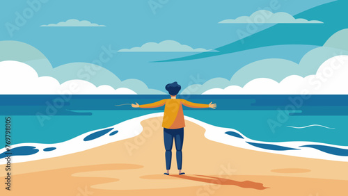  A person stands on a beach with their feet sinking into the sand eyes closed and arms outstretched towards the vast expanse of the ocean. The