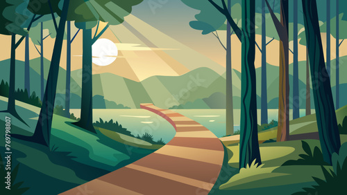  A serene forest path meanders through tall trees leading to a tranquil lake. The suns rays peek through the leaves illuminating the path ahead