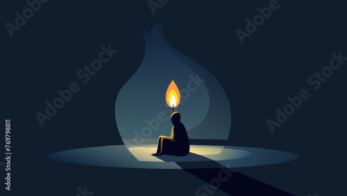  A single lit candle provides the only source of light in a dark room. A person sits in front of it their silhouette illuminated by the flame as