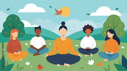  A group of people sit in a circle on a grassy hill eyes closed and focused on their breath. The sound of chirping birds and rustling leaves