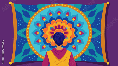  A vibrant mandala tapestry hangs on a wall its intricate and symmetrical design drawing the viewers eye inwards. The person gazing at it takes