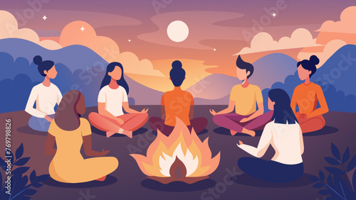  As the sun sets in the background a group of people sits around a bonfire chanting mantras as they celebrate the harmonious union of