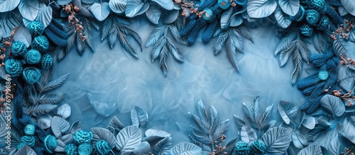 Knitted background with blue foliage and garland in angora yarn