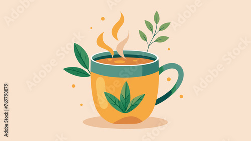  A cup of warm herbal tea steeps in a delicate porcelain mug. Each sip of this Ayurvedic blend brewed with healing herbs and es offers a subtle