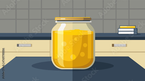  A glass jar filled with creamy golden ghee stands prominently on a kitchen counter. This clarified butter revered in Ayurveda for its healing