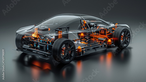 Detailed visualization of an electric sports car showing internal mechanics and electrical systems on a reflective surface..