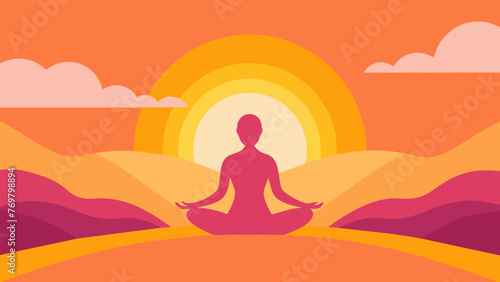  A bright radiant sunset fills the sky with hues of pink orange and gold. The stillness and beauty of this moment represents the meditative