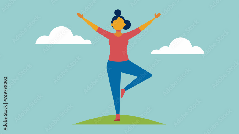 A woman balances on one foot arms raised to the sky as she finds her inner strength and stability. A woman balances on one foot arms raised to the sky as she finds her inner strength and stability.