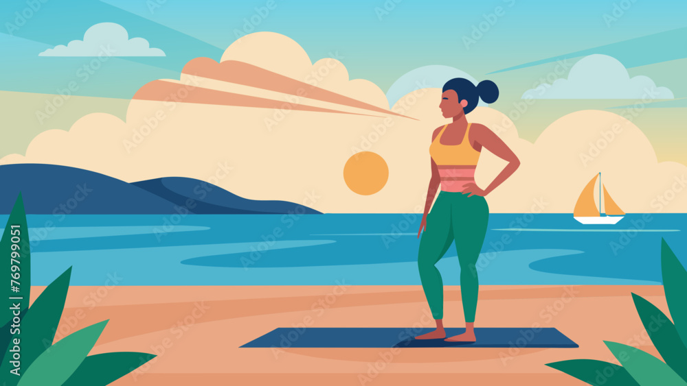  A woman in workout clothes with a yoga mat standing on a peaceful beach with a rising sun in the background capturing the start of a morning