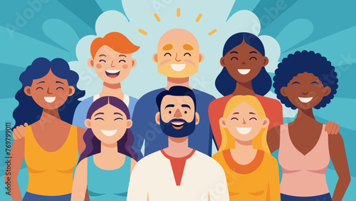  A group of diverse individuals smile and laugh together after a yoga class radiating harmony and positive energy.