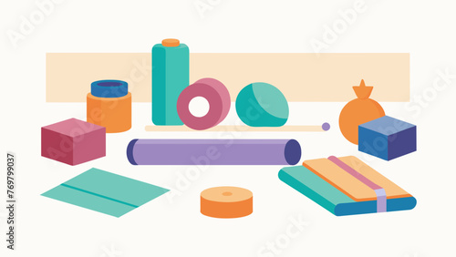  A collection of yoga props such as blocks ss and bolsters are neatly displayed on a white mat. This image promotes the use of props in a yoga
