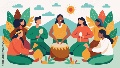  A group of people engaged in a drum circle a healing ritual commonly used in indigenous cultures to align with nature and connect with