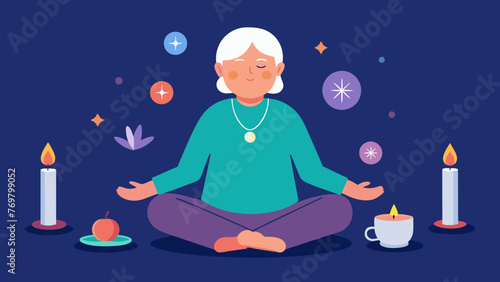  An elderly woman sitting crosslegged on the ground surrounded by candles and various objects used in Japanese Reiki healing.