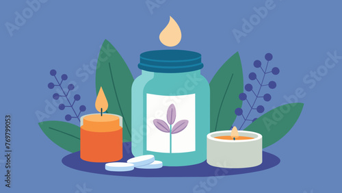  A jar of essential oils and a lit candle representing the aromatherapy aspect of yoga therapy.