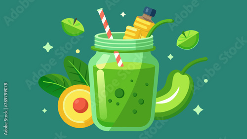  A closeup of a delicious and vibrant green smoothie in a glass jar made with spinach avocado banana and other natural ingredients promoting a